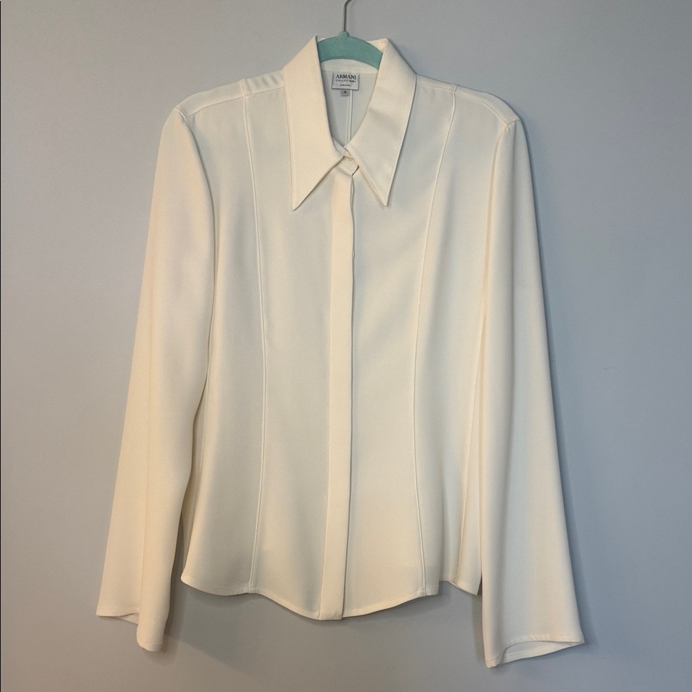 Armani Collezioni Cream Silk-Blend Button-Down Blouse